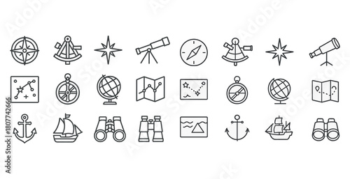 Nautical navigation icons: compasses, telescopes, maps, anchors, binoculars, ships