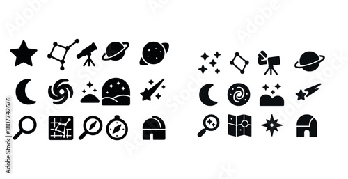 Astronomy icons: stars, telescopes, planets, and space exploration symbols