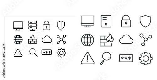 Cybersecurity icon set featuring computers, locks, and shields