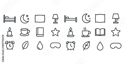 Sleep and relaxation icon set featuring bed, moon, pillow, lamp, and more