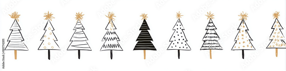 Obraz premium A row of nine hand-drawn, stylized Christmas trees in black, white, and gold with various patterns, isolated on a white background.