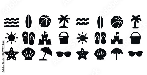 Beach icons set: waves, surfboards, palm trees, sun, sandcastles, umbrellas