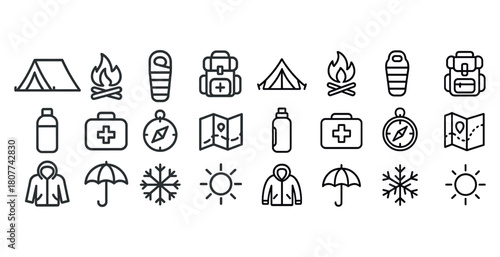 Essential camping icons collection with compass, map, tent, fire, and water bottle