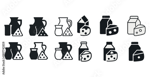 Black and white dairy icons: jug, milk carton, cheese illustrations