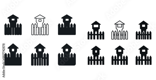 Set of black and white fence and house icons with variations