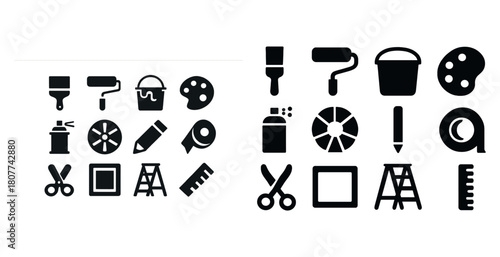 Collection of black art and painting tools icons on white background