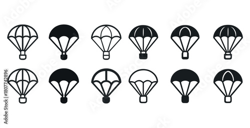 Set of black and white parachute icons in various designs on white background