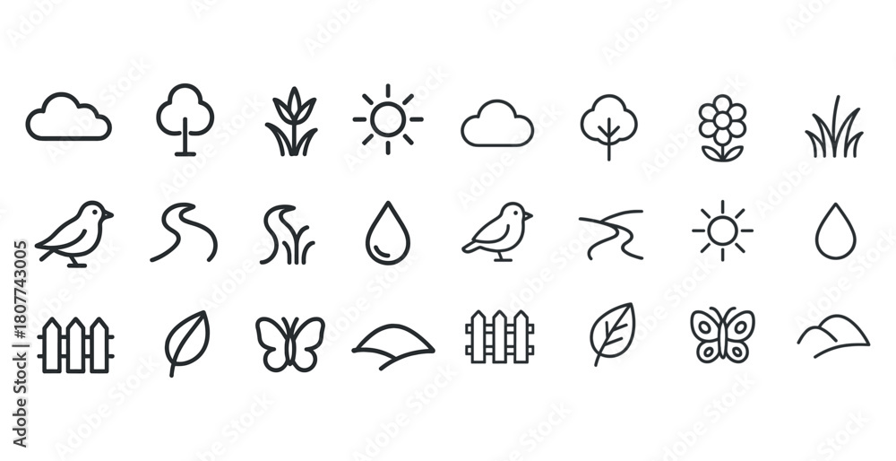Naklejka premium Minimalist nature icons set featuring trees, birds, and butterflies