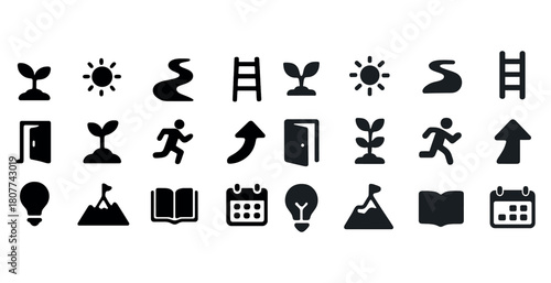 Collection of growth and progress icons illustrating nature, navigation, and achievement