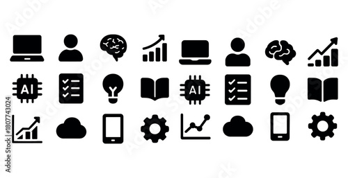 Ai and technology icons set featuring computers, brain, and charts