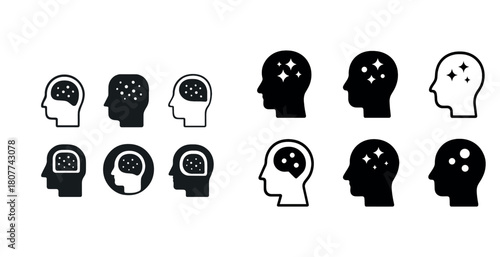 Minimalist brain icons set with sparkle and dot designs