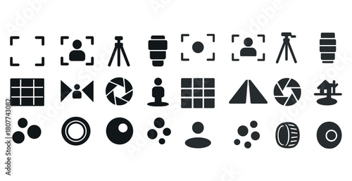 Camera and photography icons set: lens, tripod, aperture, focus, grid
