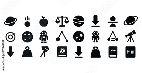 Scientific icon set featuring astronaut, planet, telescope, scales, book, apple
