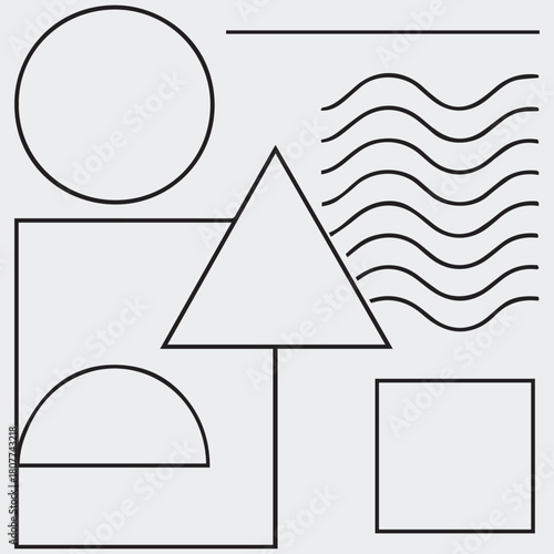 Minimalist abstract geometric composition featuring circles squares triangles and wavy lines on a light gray background