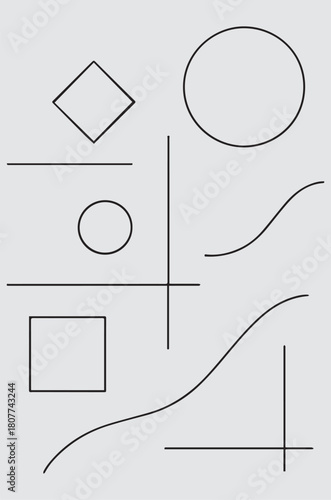Collection of basic geometric shapes and lines used for creating flowcharts and diagrams on a neutral background