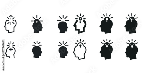 Set of abstract brainstorming icons with light bulbs and human heads