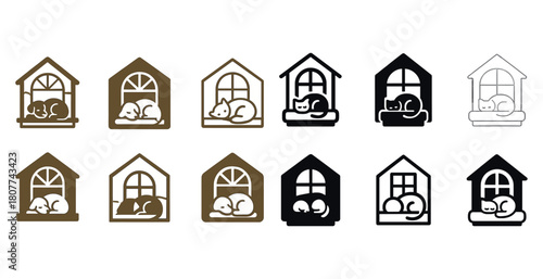 Variety of cat house icons featuring sleeping cats in simple silhouettes