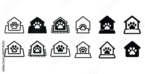 Collection of pet house icons featuring paw prints in various styles