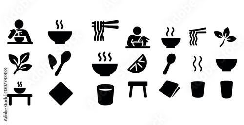 Collection of noodle and dining icons featuring bowls and utensils