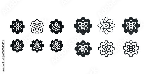 Set of atom and gear icons: atomic and mechanical symbols in various styles