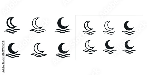 Set of crescent moon and wave icons in various designs