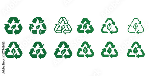 Green recycling icons set with leaf symbols for eco-friendly design