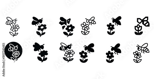 Bee and flower icon set with various designs and silhouettes