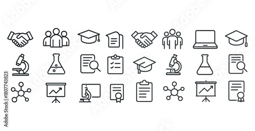 Education icons set: graduation, research, technology, and teamwork symbols