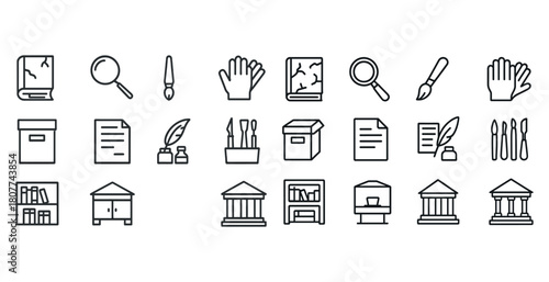 Collection of museum and archive icons including books and tools