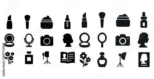 Beauty and photography icons: makeup, skincare, and camera symbols