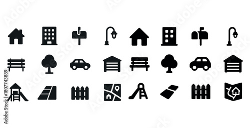 Urban and suburban icon set: buildings, transportation, and communication elements