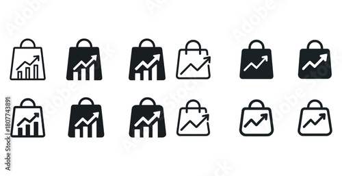 Set of increasing shopping bag icons with growth chart design