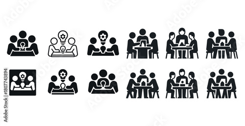 Collaborative teamwork icons: group meetings, discussions, brainstorming sessions