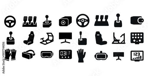 Black silhouette icons of racing simulators and accessories collection