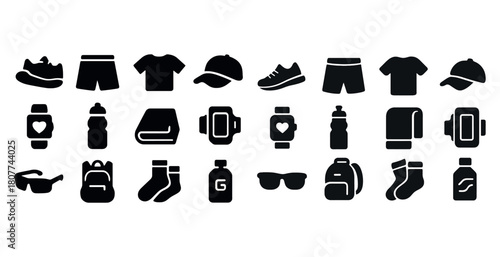 Collection of fitness and sports accessories icons in black silhouettes