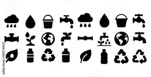 Water conservation and recycling icons: tap, cloud, recycle, bottle, leaf