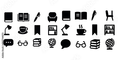 Set of book, reading, and writing icons including lamp, glasses, cup, and bookmark