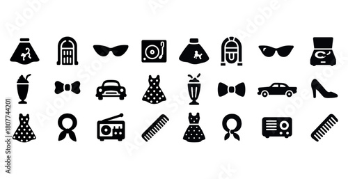 Retro 1950s icons set featuring fashion, music, and cars