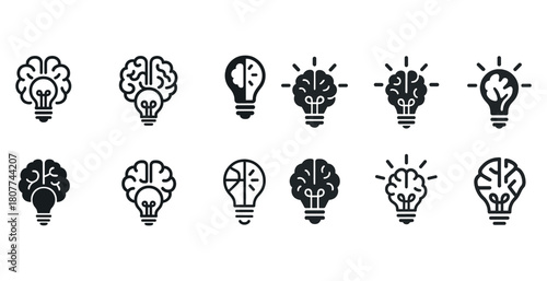 Creative light bulb brain icons illustrating innovation and ideas