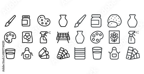 Art supplies and tools outline icons set for painting and pottery