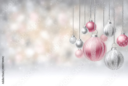 Elegant Christmas ornaments in pink and silver hanging against a blurred background.