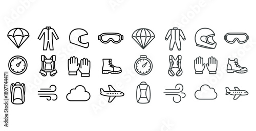 Skydiving and paragliding equipment icons set