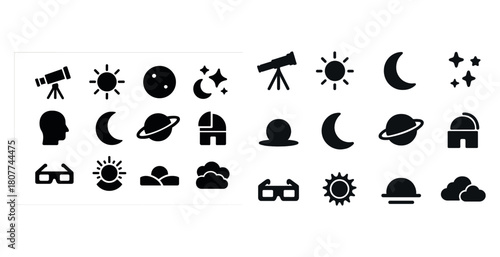 Astronomy icons: telescope, sun, moon, stars, planets, stargazing symbols