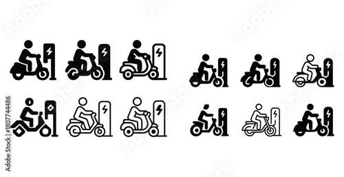Icon set of electric scooter charging stations with diverse designs