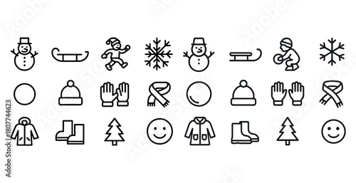 Winter icon set: snowman, sled, snowflake, winter clothing, holiday symbols
