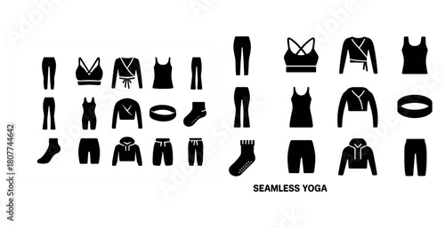 Seamless yoga apparel collection: tops, bottoms, and accessories in black silhouettes