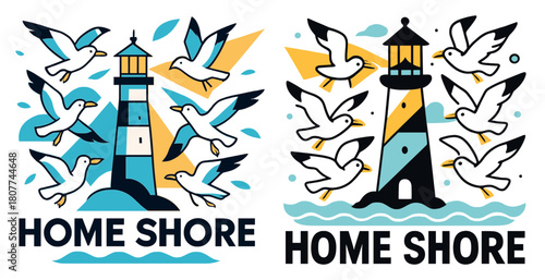 Seagulls and lighthouse coastal art with nautical theme