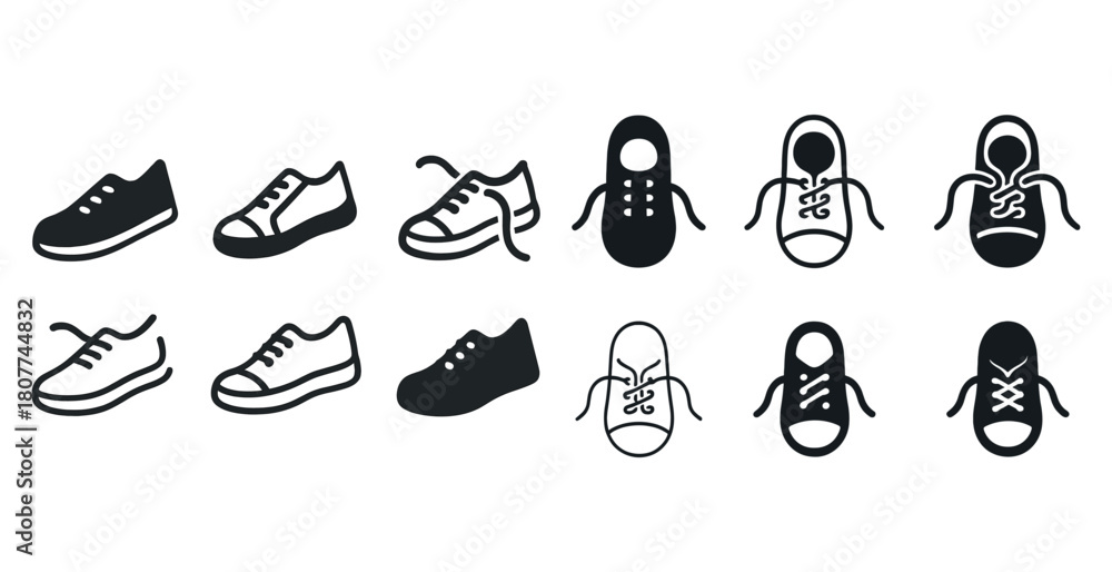 Obraz premium Vector icons of sneakers in various styles and outlines