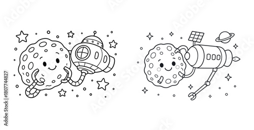 Cute cartoon asteroids with spaceships and stars in space