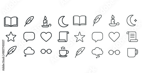 Minimalist icon set with book, quill, moon, and coffee designs